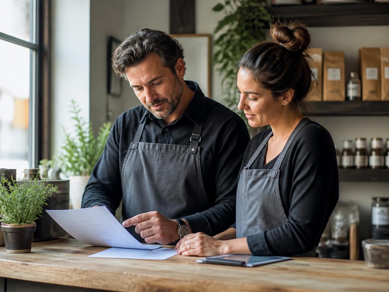 Photo placeholder — small-business owners reviewing payroll paperwork together